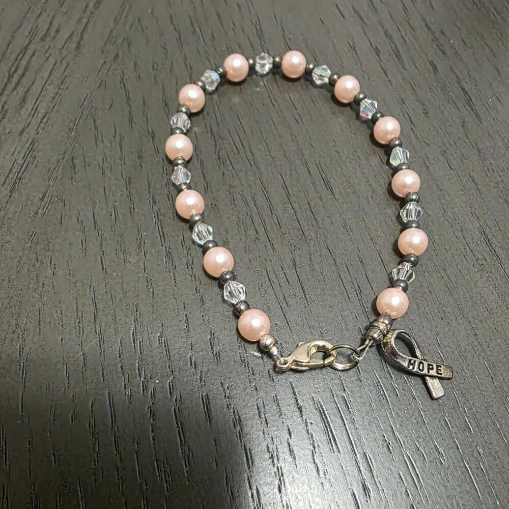 Hope Bracelet w/ Ribbon Charm | Pink Beaded Breast Cancer Awareness Bracelet - Picture 4 of 8